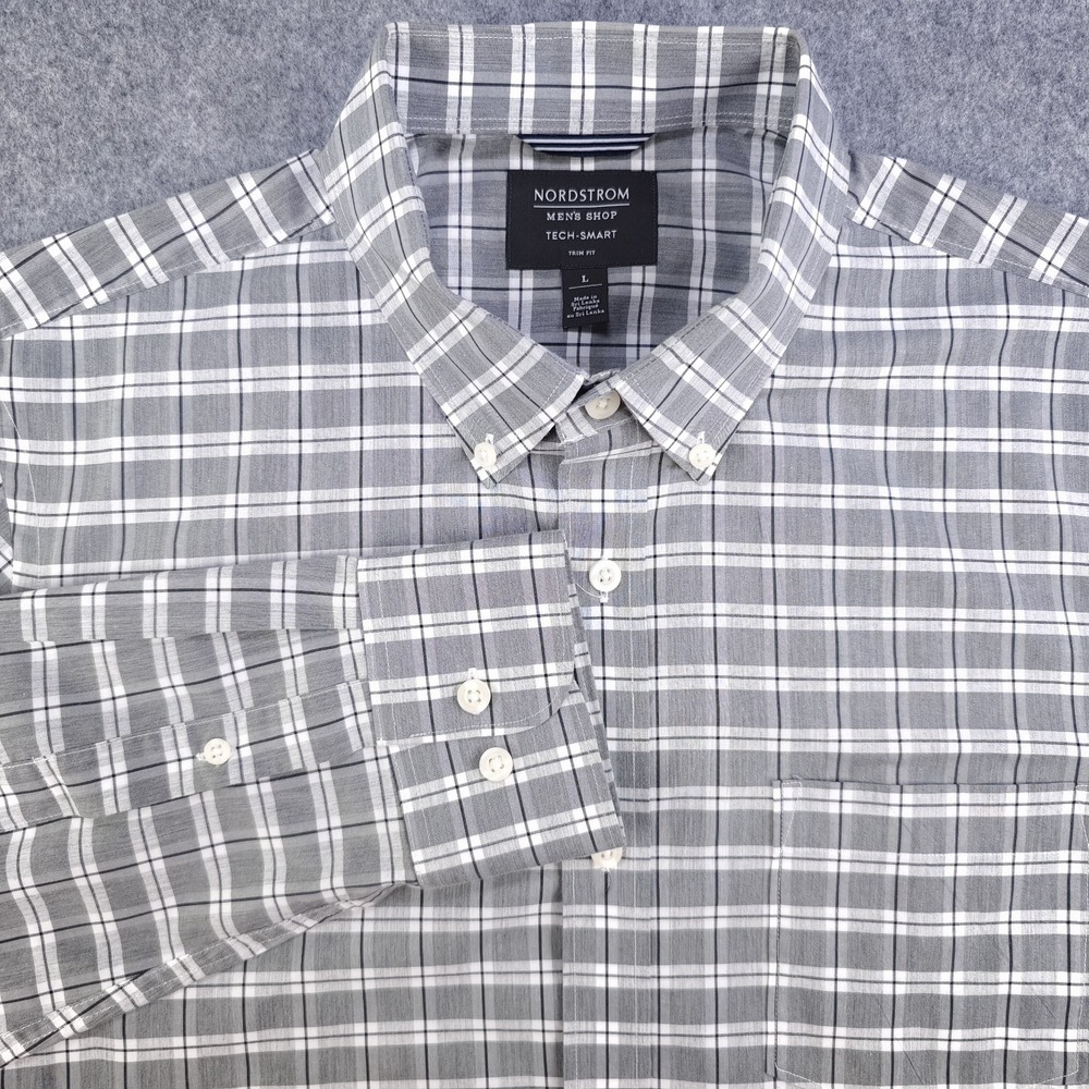 Nordstrom Tech Smart Shirt Large Trim Fit Gray Check Long Sleeve Button Down